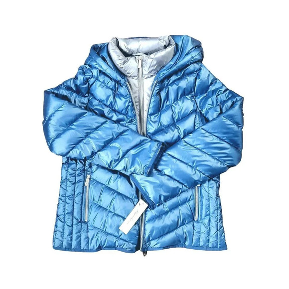 NWT Kenneth Cole Blue Gray Bib Front Zip Hooded Puffer Jacket Petrol L - Picture 5 of 16
